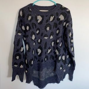 Blue leopard print sweater - medium - metallic details - destroyed hem detail